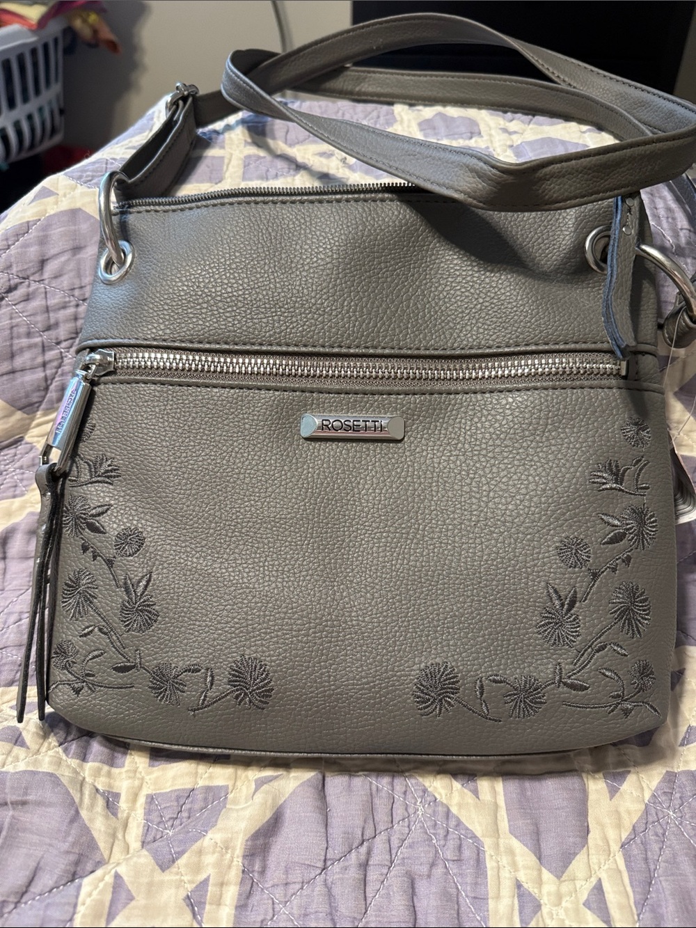 Rosetti Gray Embroidered Floral Crossbody Bag